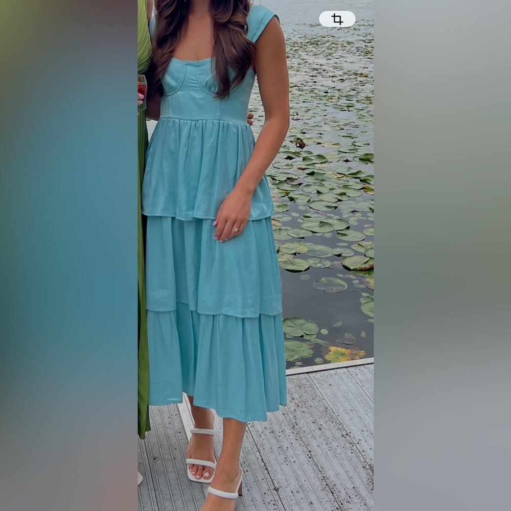 WeWoreWhat corset maxi tiered satin dress